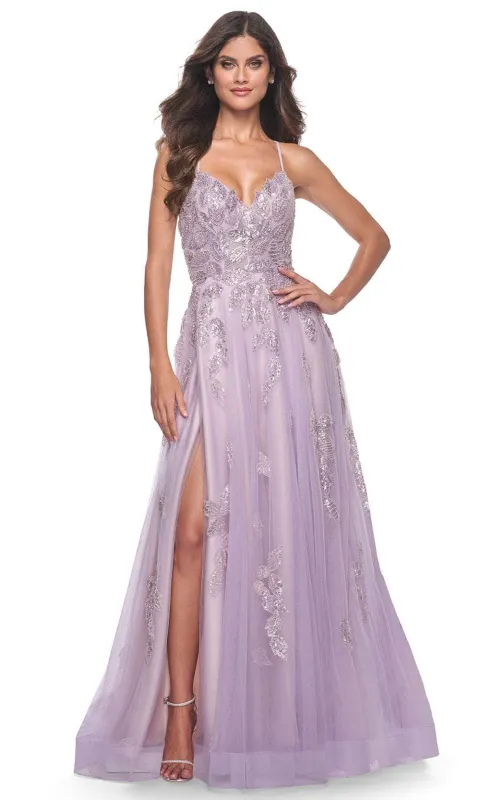 La Femme 32090 V-Neck Beaded Foliage Prom Gown made by La Femme