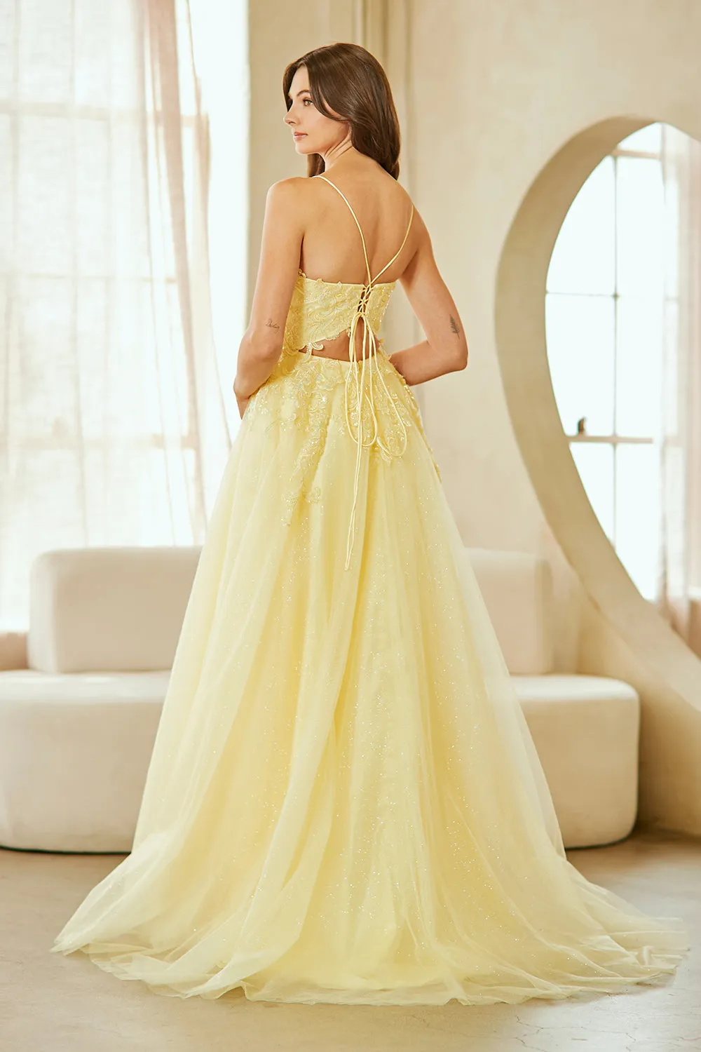 Lace Tulle A-Line Wedding Dress with Spaghetti Straps and V-Neck Bodice by Amelia Couture 9079 sold by Alberto Nardoni product image thumbnail 2