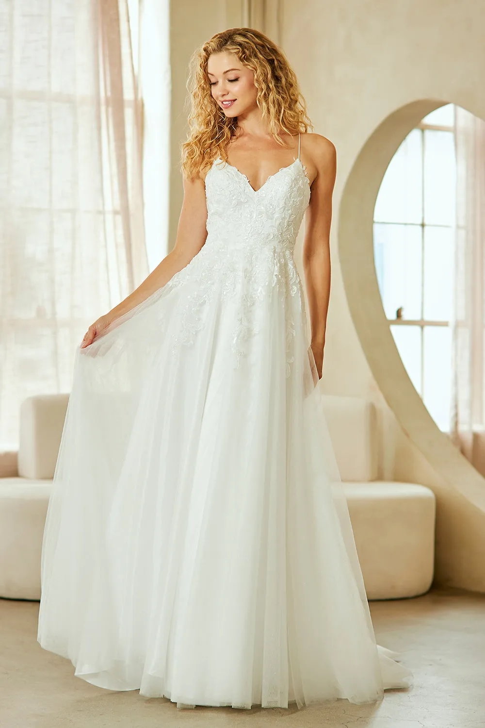Lace Tulle A-Line Wedding Dress with Spaghetti Straps and V-Neck Bodice by Amelia Couture 9079 sold by Alberto Nardoni product image thumbnail 3