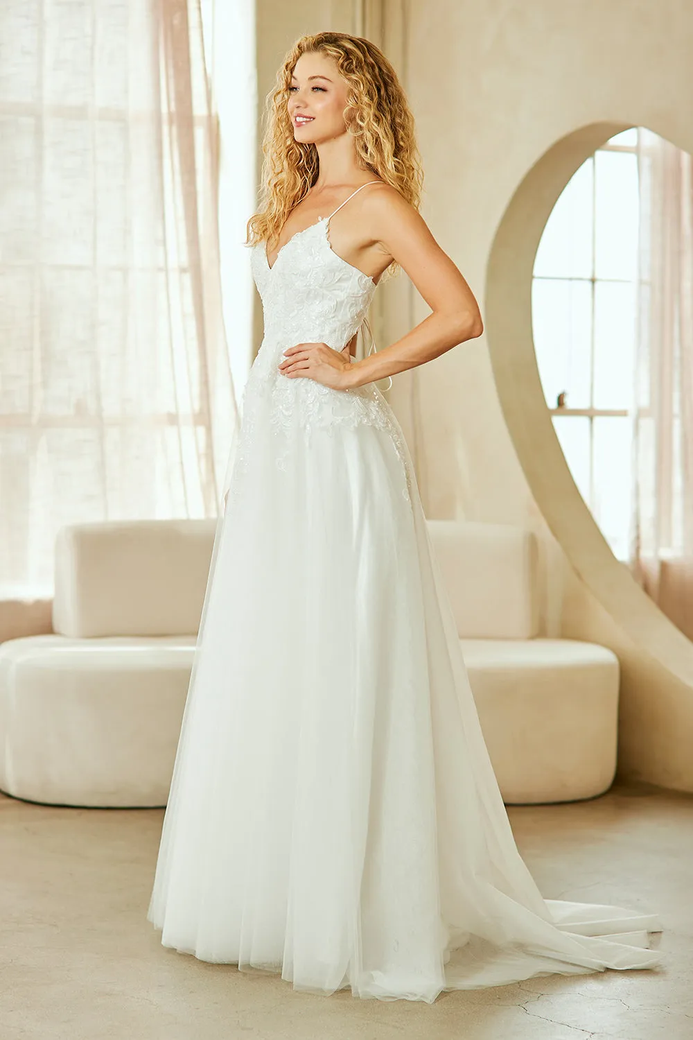 Lace Tulle A-Line Wedding Dress with Spaghetti Straps and V-Neck Bodice by Amelia Couture 9079 sold by Alberto Nardoni product image thumbnail 4