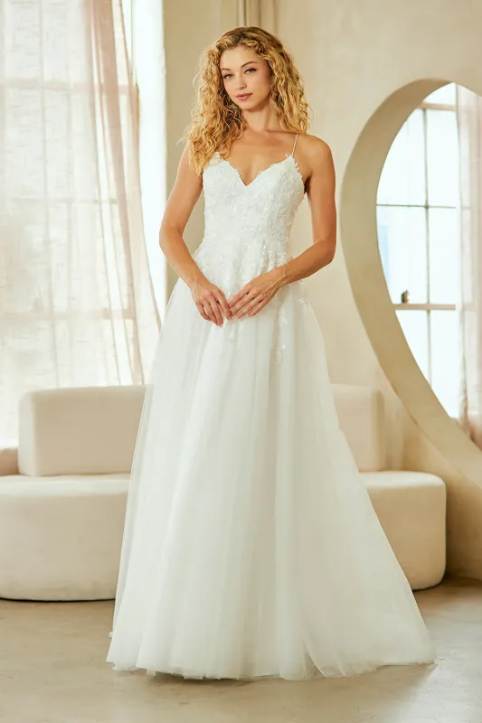 Lace Tulle A-Line Wedding Dress with Spaghetti Straps and V-Neck Bodice by Amelia Couture 9079 made by Alberto Nardoni