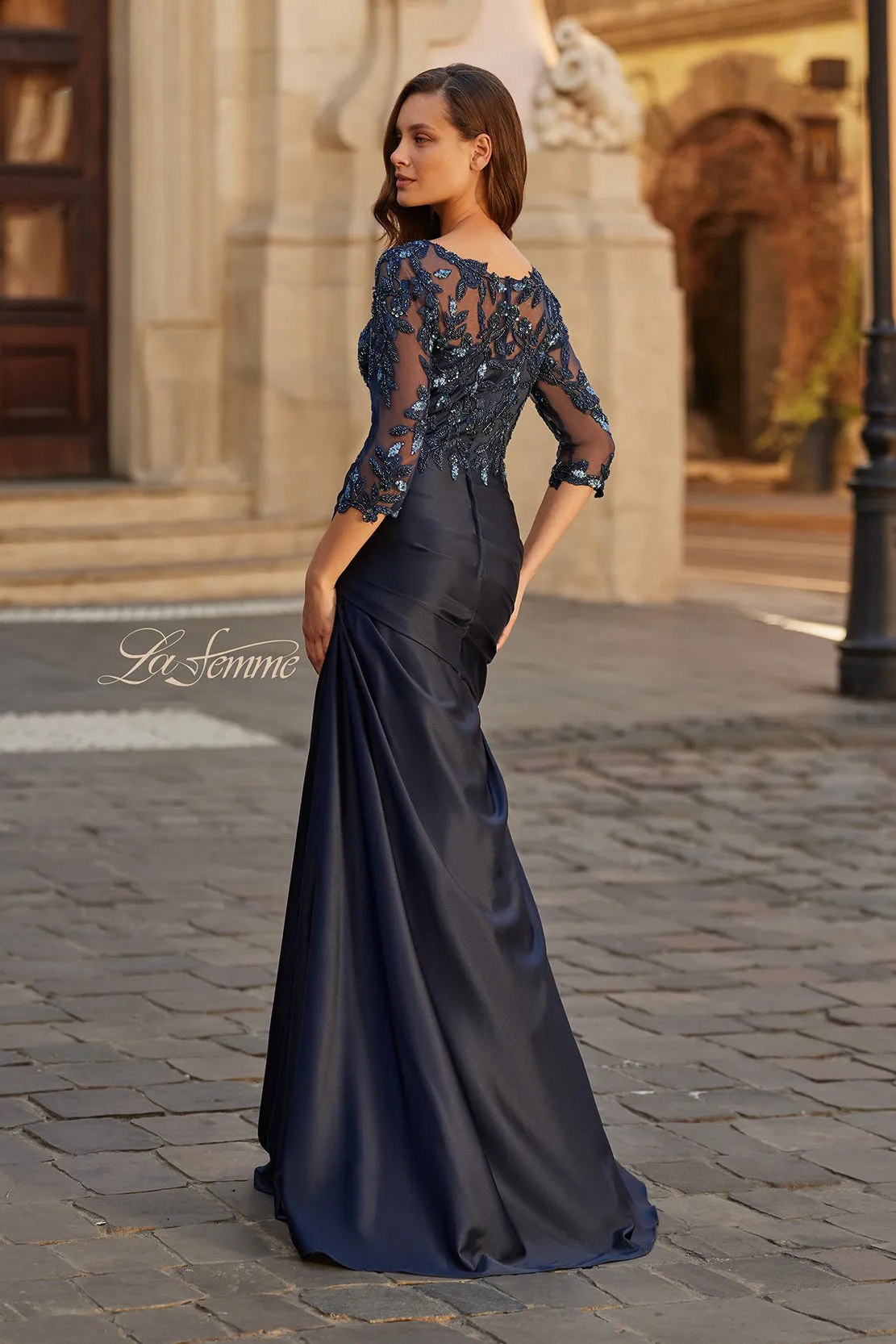 La Femme 31802 Beaded Lace Three Quarter Sleeve Gown sold by Alberto Nardoni product image thumbnail 2