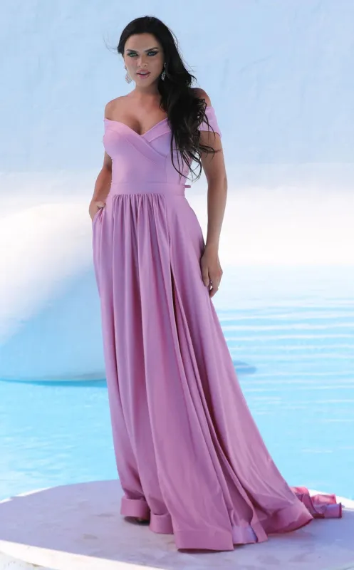 Jessica Angel JA332 Off-Shoulder A-Line High Slit Open Back Jersey Dress made by Alberto Nardoni
