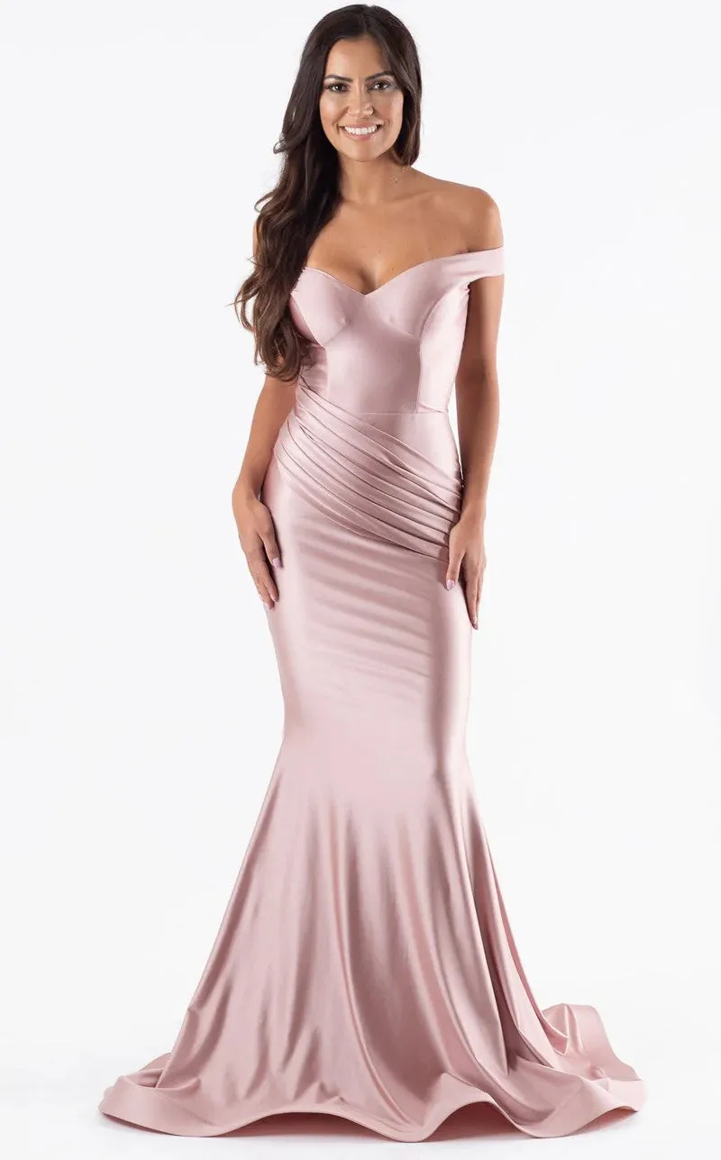 Jessica Angel JA581 Off-Shoulder Fitted Open Back Draped Court Train Jersey Dress sold by Alberto Nardoni