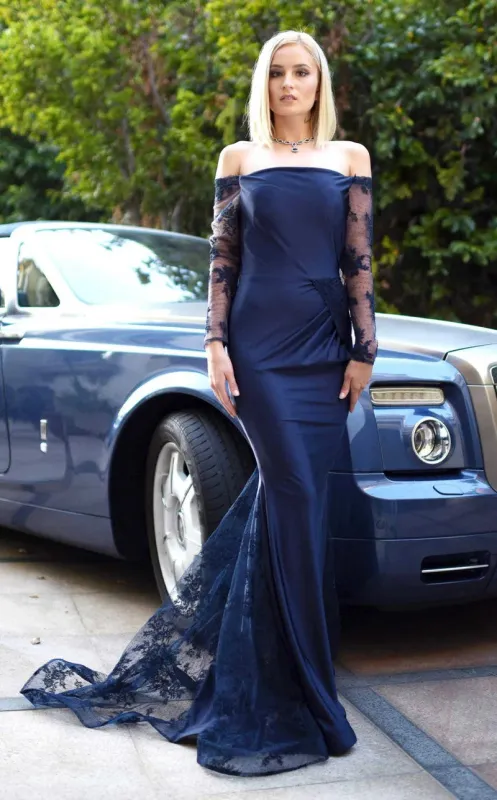 Jessica Angel JA487 Off-Shoulder Illusion Fitted Godet Court Train Lace Dress made by Alberto Nardoni