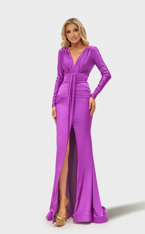 Jessica Angel JA2661 V-Neck Long Sleeve Sheath V-Back Slit Evening Jersey Dress made by Alberto Nardoni