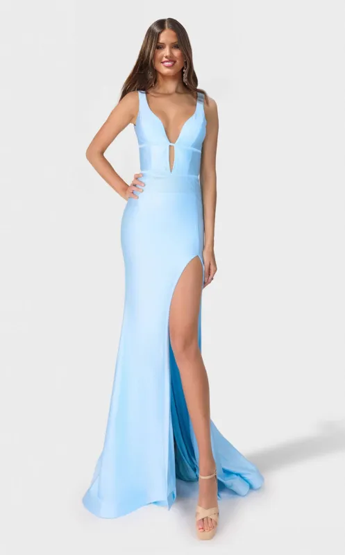 Jessica Angel JA2763 V-Neck Open Back Ruched Train Evening Formal Lace Dress made by Alberto Nardoni