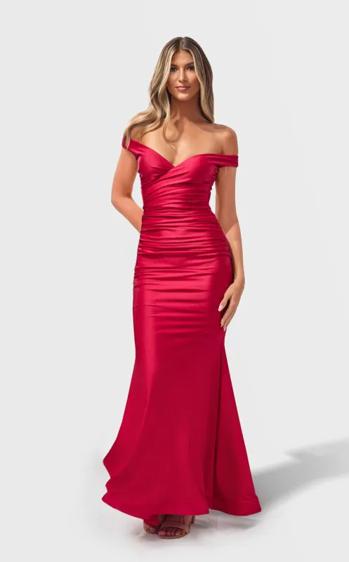 Jessica Angel JA2768 Off-Shoulder V-Neck Fitted Prom Formal Floor-Length Satin Dress made by Alberto Nardoni
