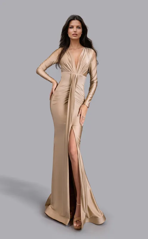 Jessica Angel JA2663 Deep V-Neck Fitted High Slit Evening Formal Satin Dress made by Alberto Nardoni