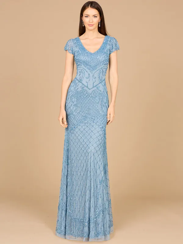 Lara 29073 Beaded Cap Sleeve Formal Evening Gown With V-Neckline made by Alberto Nardoni