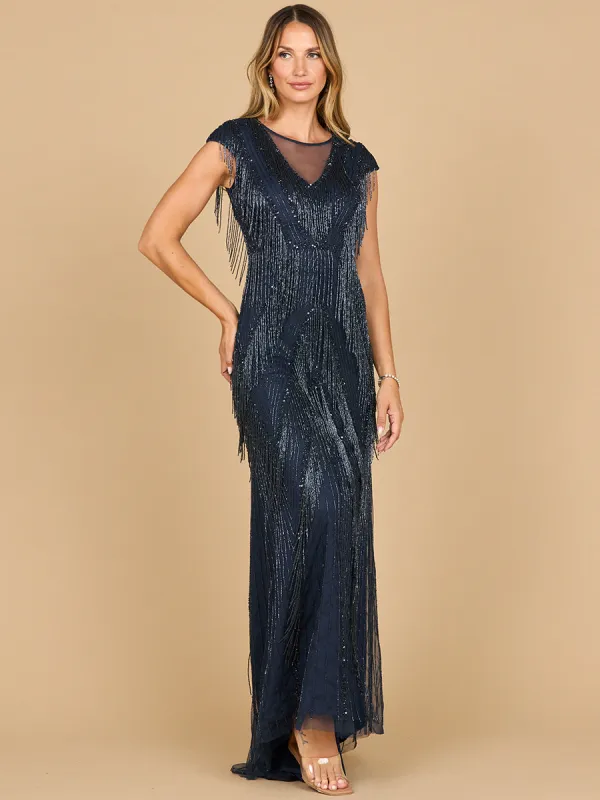 Lara 28858 - Beaded Fringe V-Neckline Dress with Cap Sleeves made by Alberto Nardoni