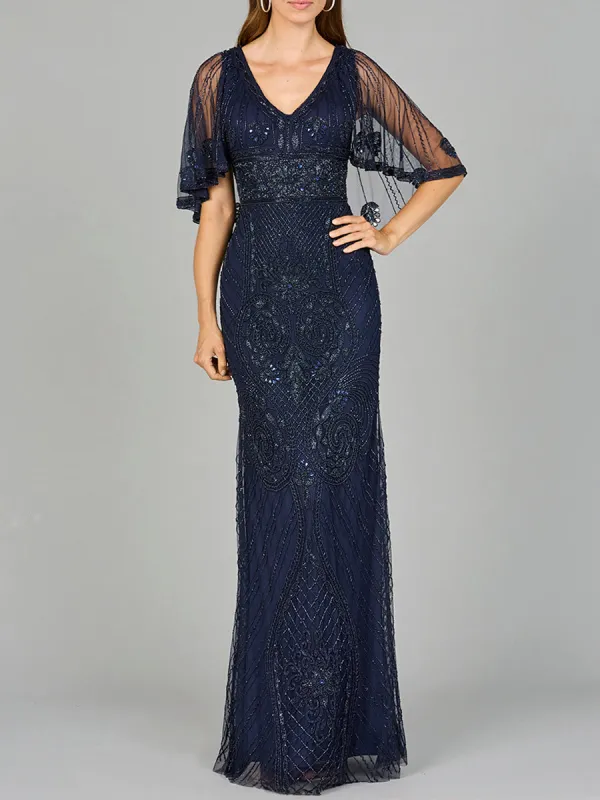Cape Sleeve V-Neck Beaded Gown made by Alberto Nardoni