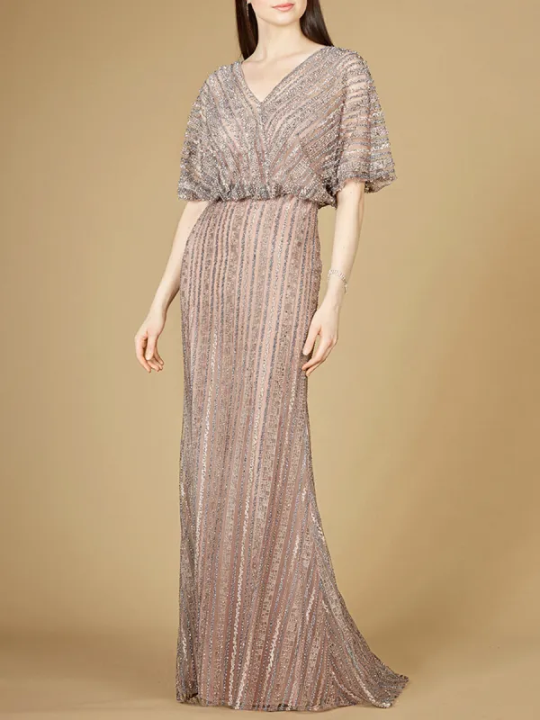 Cape Sleeve V-Neck Gown with Geometric Beading made by Alberto Nardoni