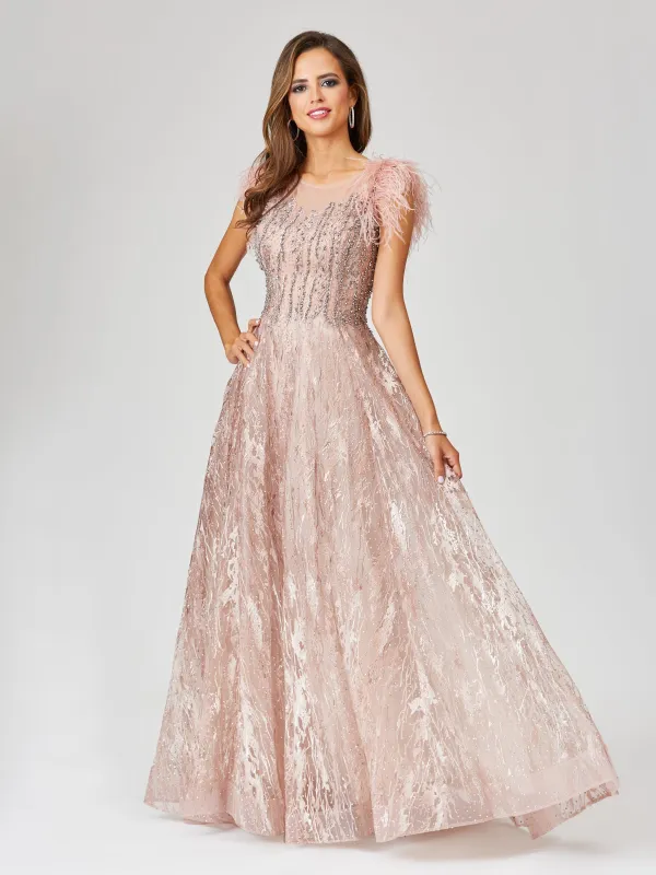 Lara 29475 Lace Beaded ballgown with Feather Cap Sleeves made by Alberto Nardoni