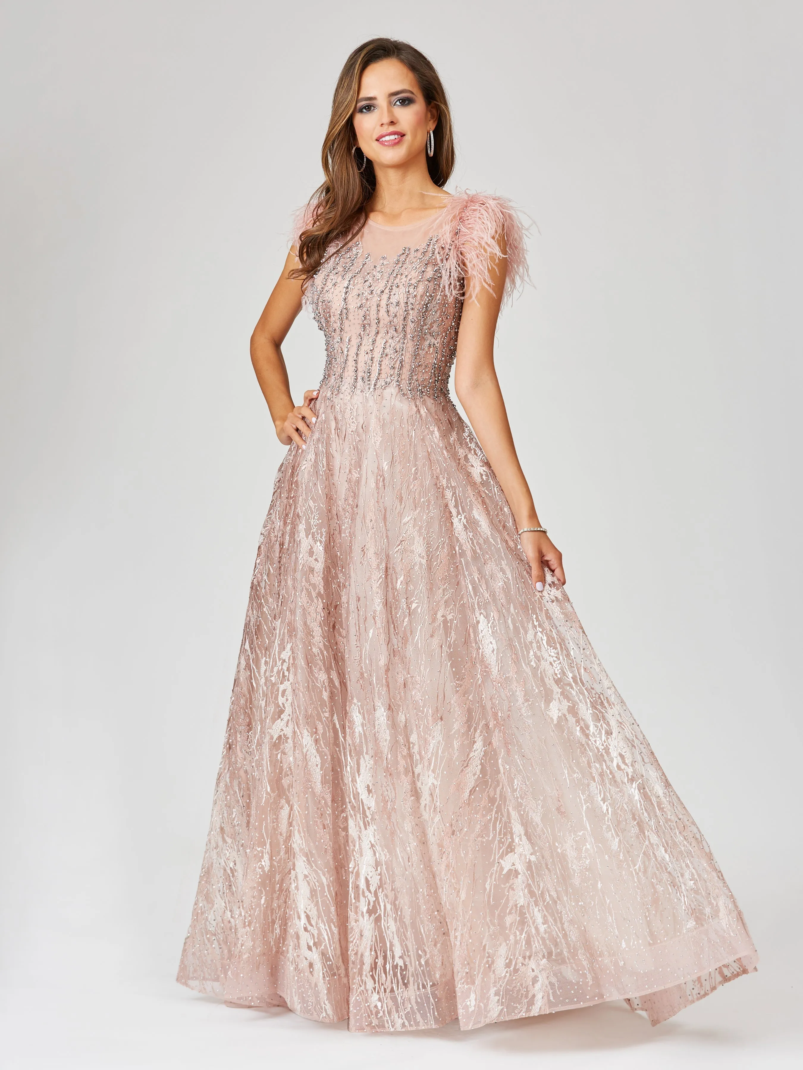 Lara 29475 Lace Beaded ballgown with Feather Cap Sleeves sold by Alberto Nardoni