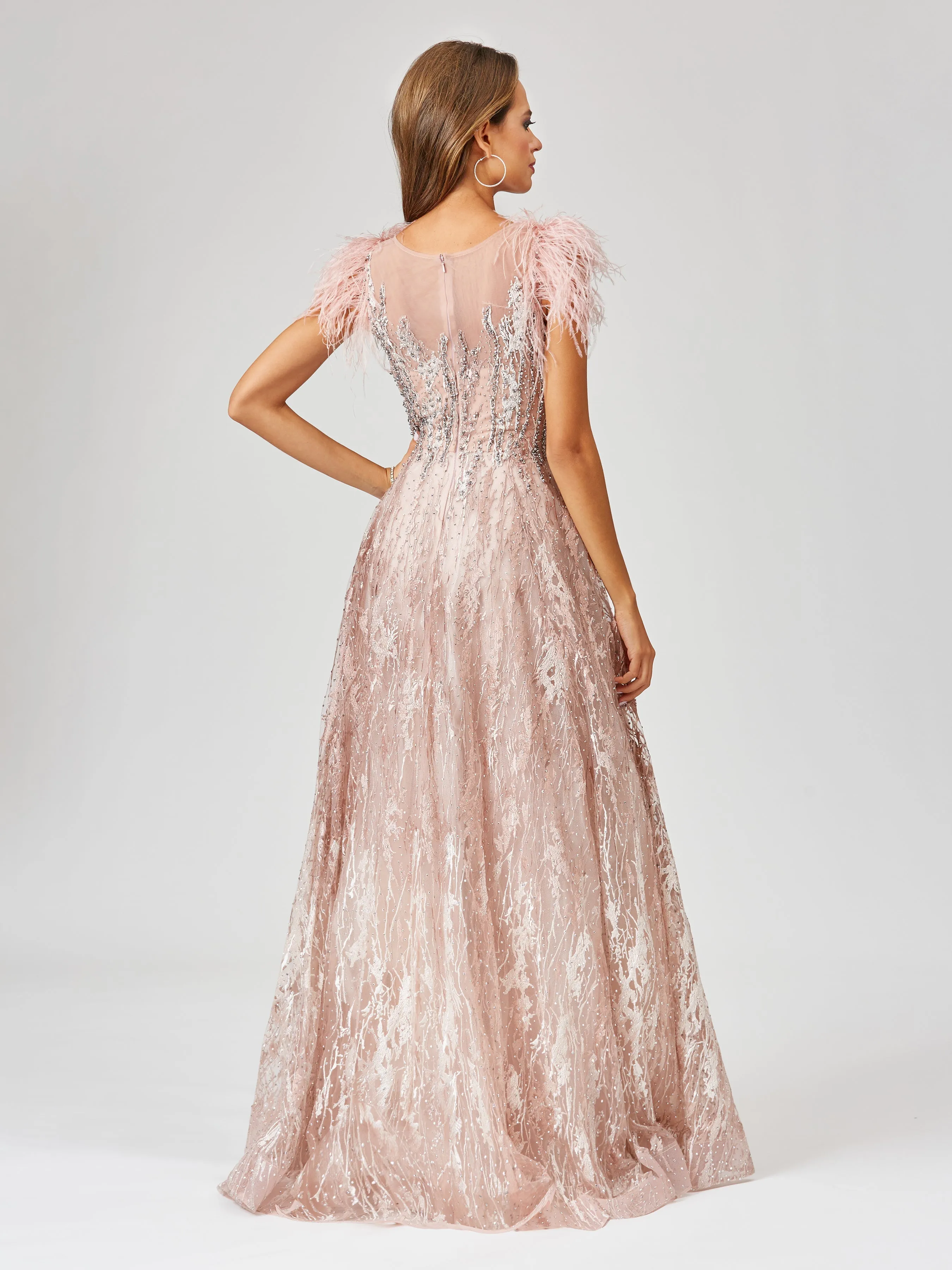 Lara 29475 Lace Beaded ballgown with Feather Cap Sleeves sold by Alberto Nardoni product image thumbnail 3