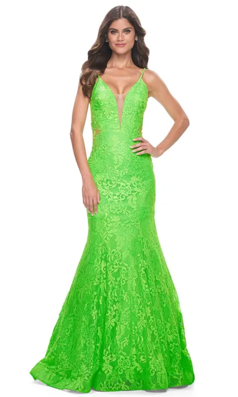 La Femme 32314 Plunging Neckline Floral Lace Prom Gown made by La Femme