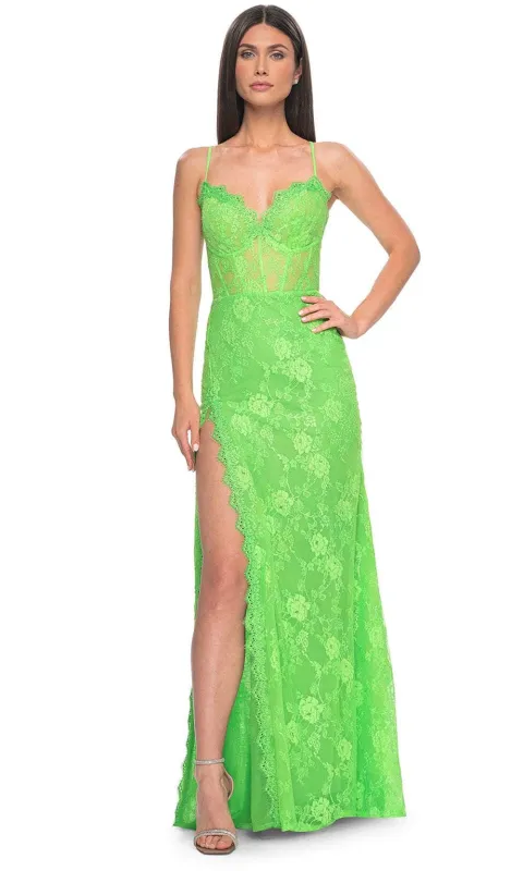 La Femme 32441 Floral Lace V-Neck Neon Prom Gown made by La Femme