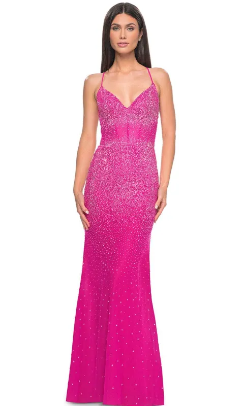 La Femme 32007 V-Neck Rhinestone Embellished Prom Dress made by La Femme