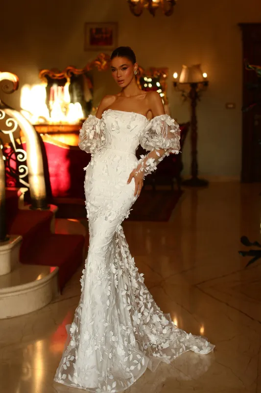 Tina Holly TW121W Wedding Mermaid Strapless 3D Evening Lace Lace Dress made by Alberto Nardoni