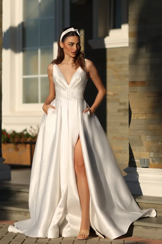 Tina Holly BB209W Wedding A-Line High Slit Pockets Flowy Mikado Dress made by Alberto Nardoni