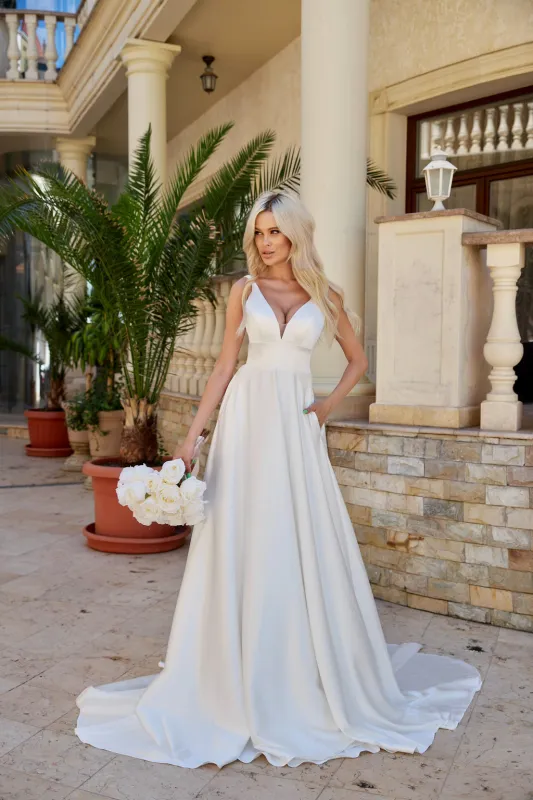 Tina Holly BA269W Wedding A-Line Flowy Minimal Evening Satin Dress made by Alberto Nardoni