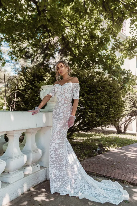 Tina Holly BB009 Wedding Mermaid Off-Shoulder Beaded Flowy Sequin Dress made by Alberto Nardoni