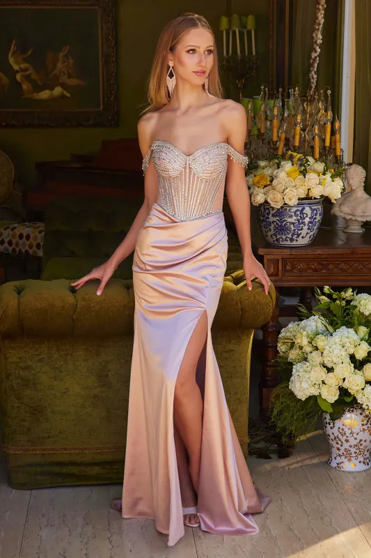 Off Shoulder Beaded Corset Evening Gown Lace-Up Back Satin Formal Dress by Elizabeth K GL3564 made by Alberto Nardoni