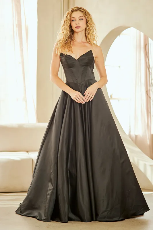 Strapless Satin Corset Bodice A-Line Prom Dress with Pockets & Lace-Up Back by Amelia Couture 5080 made by Alberto Nardoni