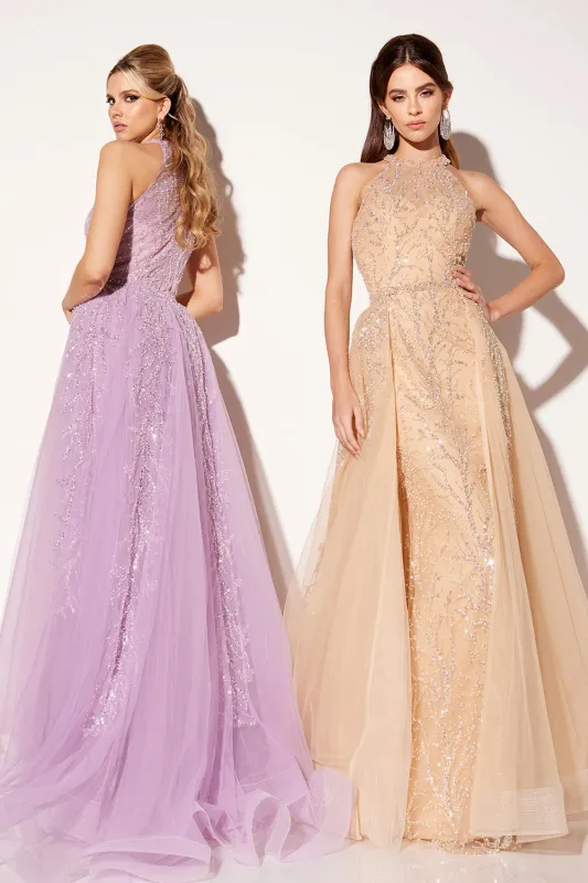 Beaded Halter Overskirt Gown by Lucci Lu C8034 made by Alberto Nardoni