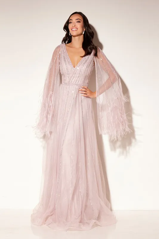 Feather Cape Sleeve A-line Gown by Lucci Lu C8118 made by Alberto Nardoni