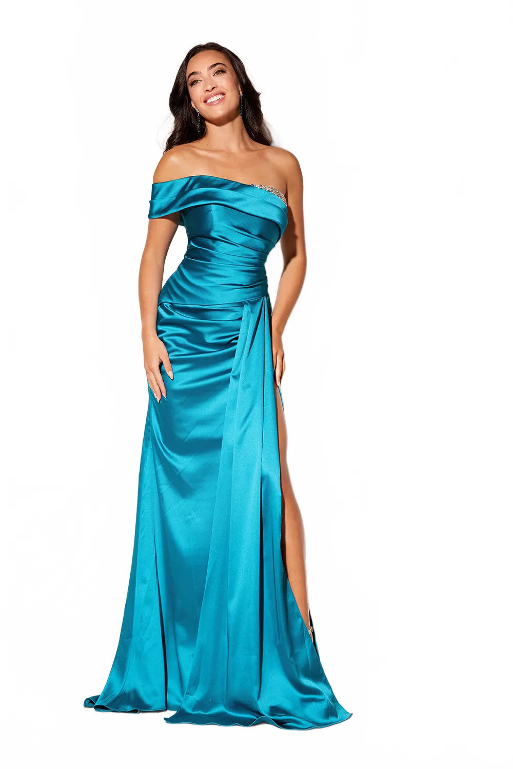 Satin Fitted Off Shoulder Slit Gown by Lucci Lu 1316 sold by Alberto Nardoni product image thumbnail 5