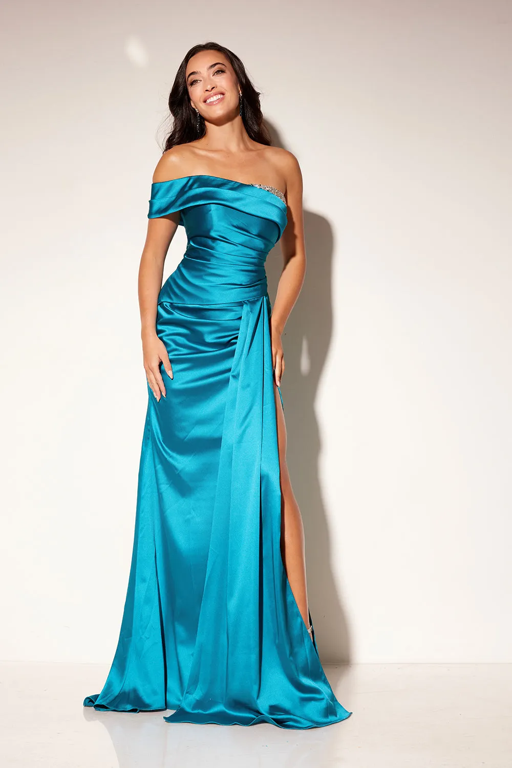 Satin Fitted Off Shoulder Slit Gown by Lucci Lu 1316 sold by Alberto Nardoni
