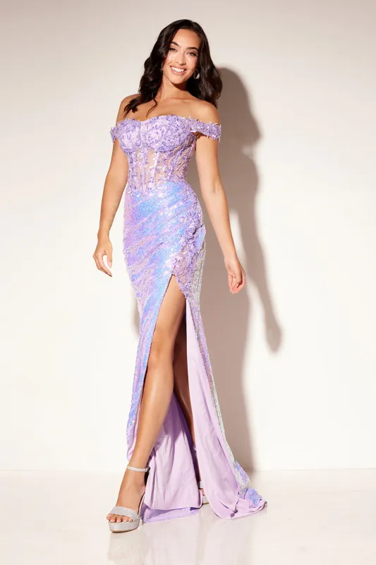 Sequin Fitted Off Shoulder Slit Gown by Lucci Lu 1308 made by Alberto Nardoni