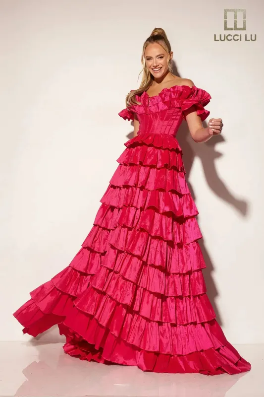 Taffeta Off Shoulder Tiered Gown by Lucci Lu 1431 made by Alberto Nardoni