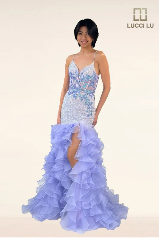 Fitted V-Neck Ruffled Slit Gown by Lucci Lu 1395 made by Alberto Nardoni