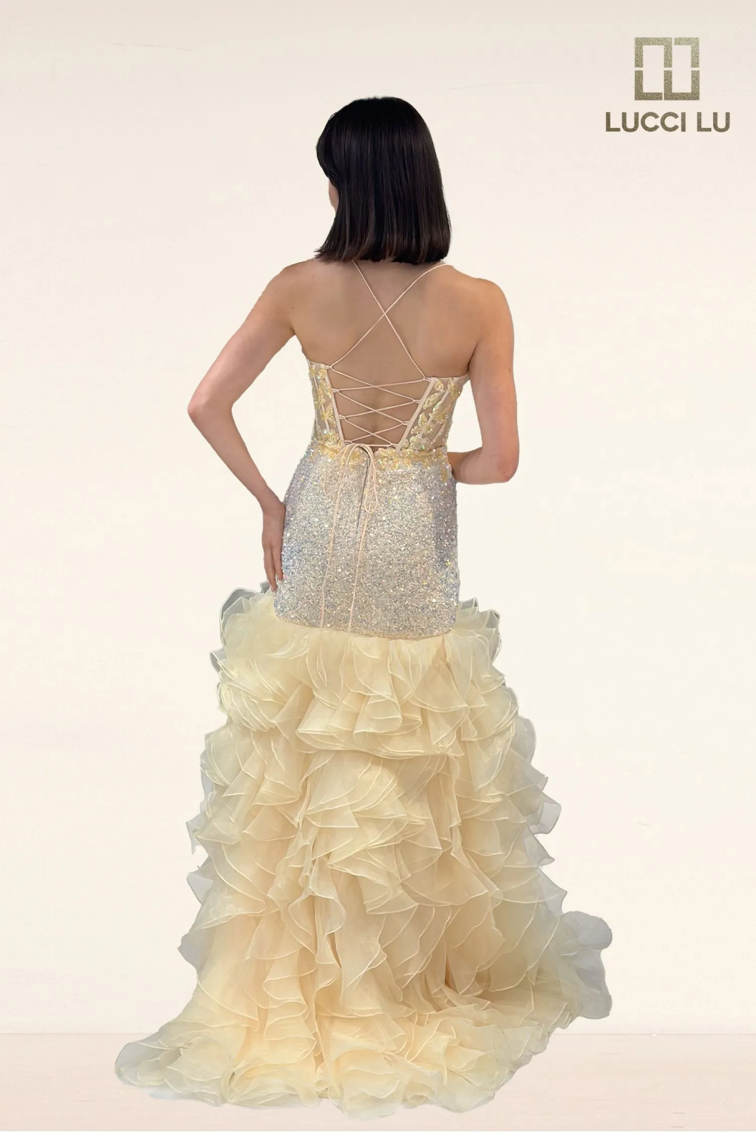 Fitted V-Neck Ruffled Slit Gown by Lucci Lu 1395 sold by Alberto Nardoni product image thumbnail 2