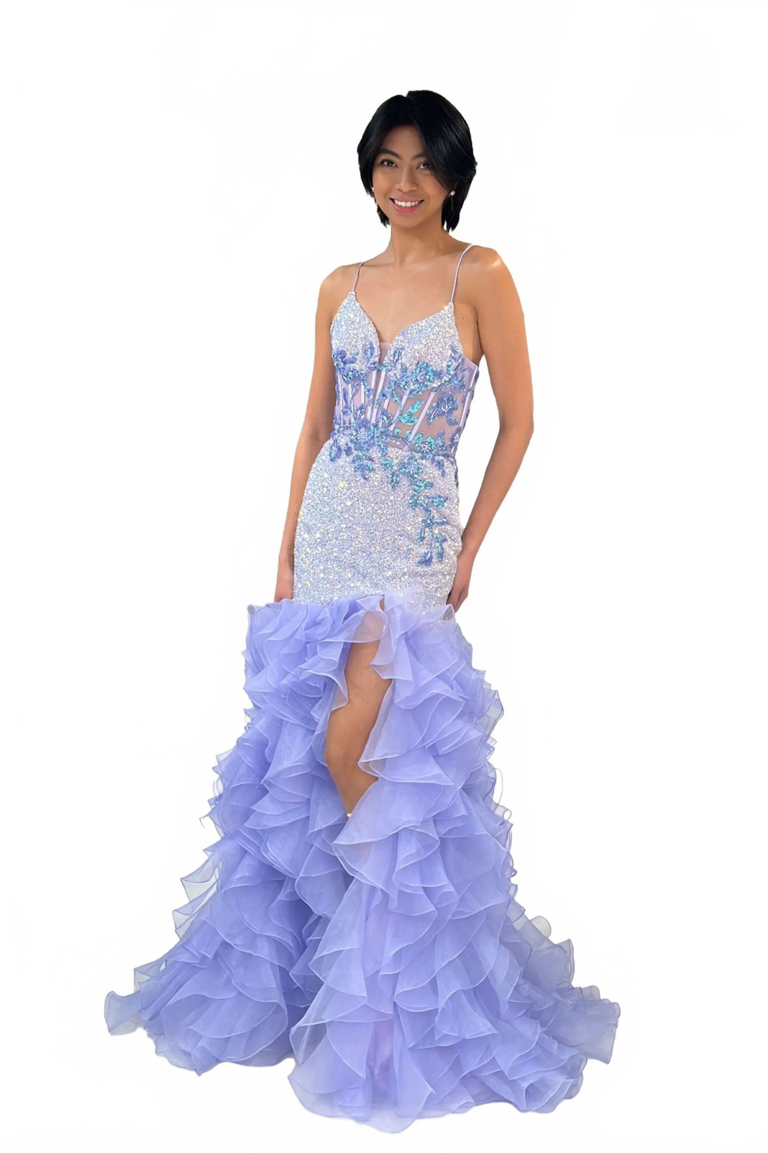 Fitted V-Neck Ruffled Slit Gown by Lucci Lu 1395 sold by Alberto Nardoni product image thumbnail 3