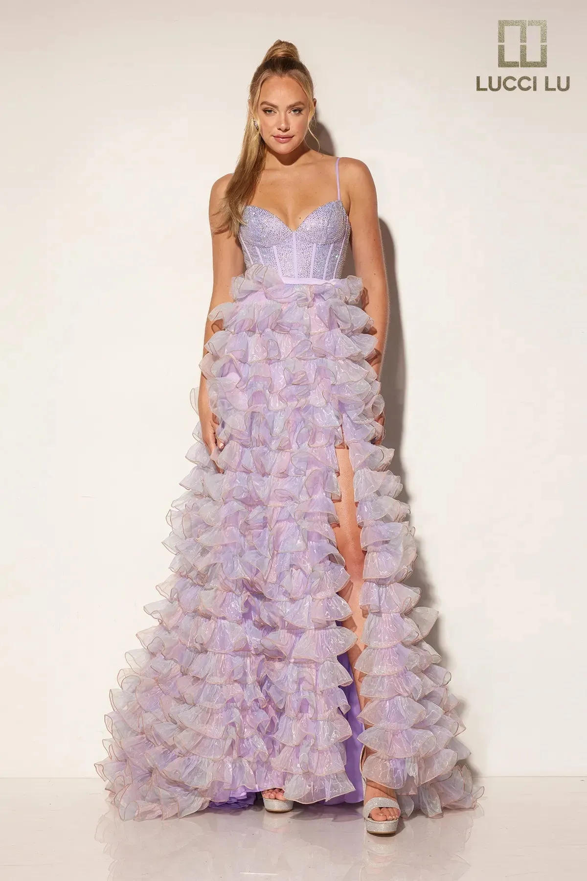 Organza Sleeveless Ruffled Slit Gown by Lucci Lu 1400 sold by Alberto Nardoni product image thumbnail 4