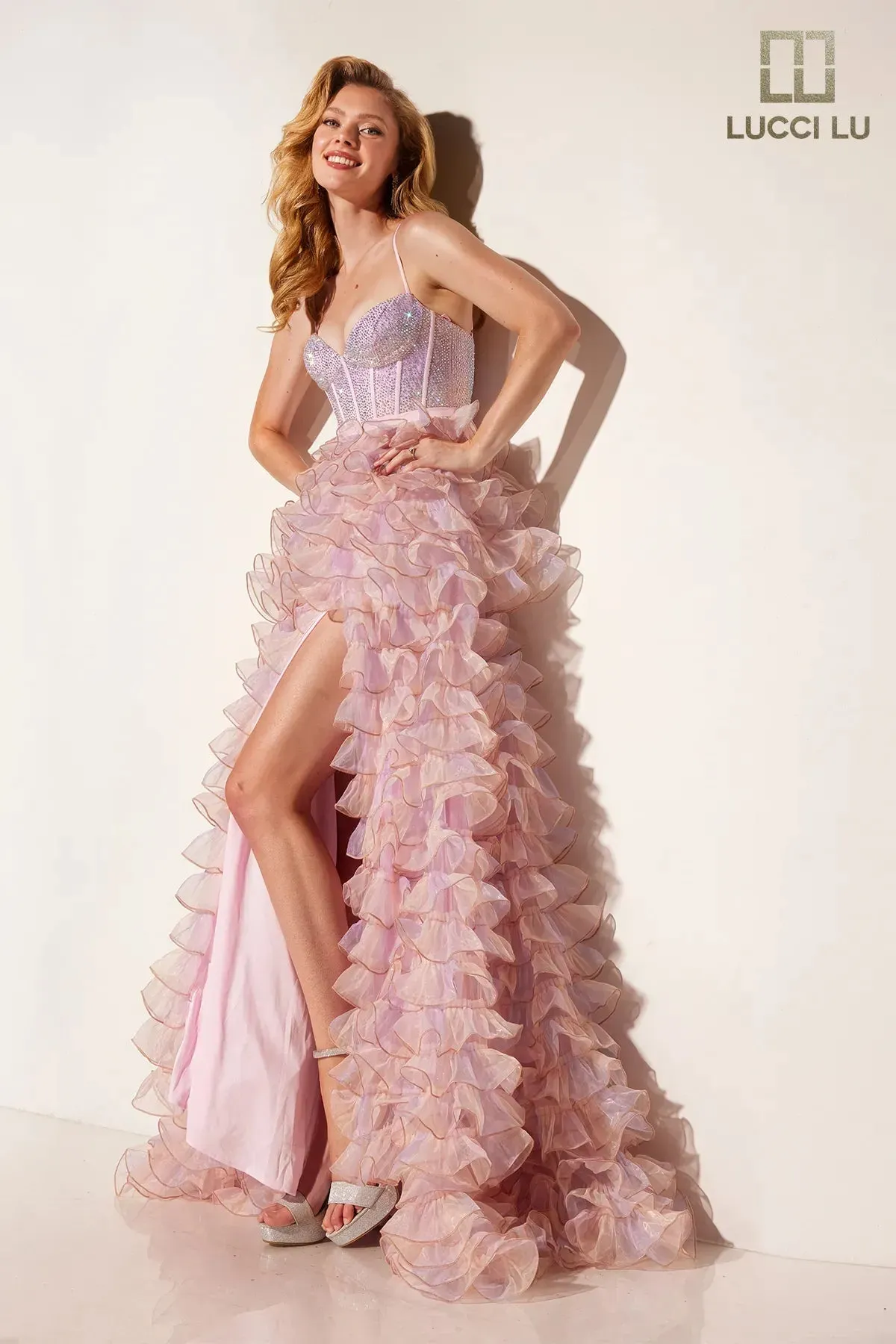 Organza Sleeveless Ruffled Slit Gown by Lucci Lu 1400 sold by Alberto Nardoni product image thumbnail 3