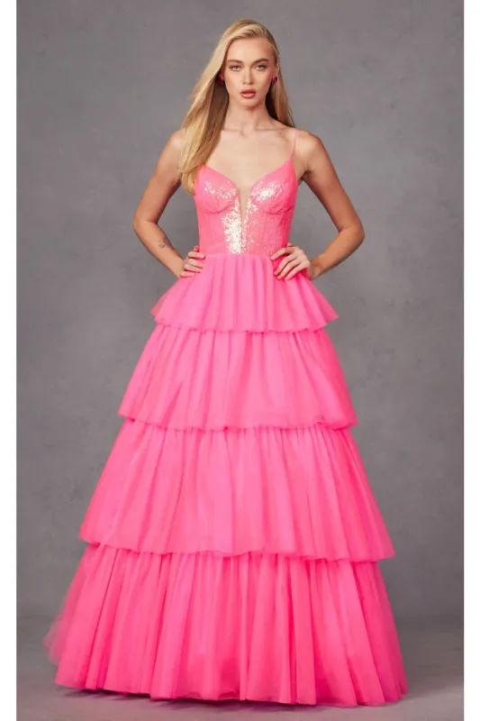 Sequin Bodice Sleeveless A-Line Ruffled Prom Gown by Juliet JT2457H made by Alberto Nardoni