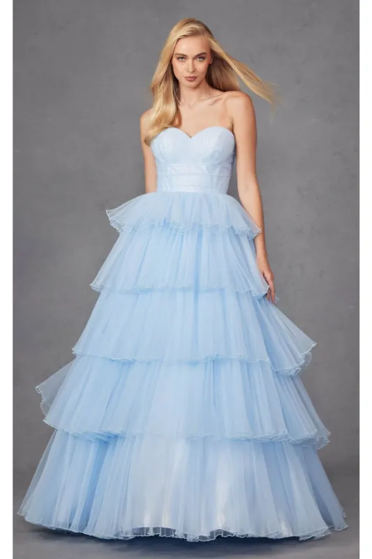 Strapless Tiered Ruffled A-Line Gown by Juliet JT2452K made by Alberto Nardoni