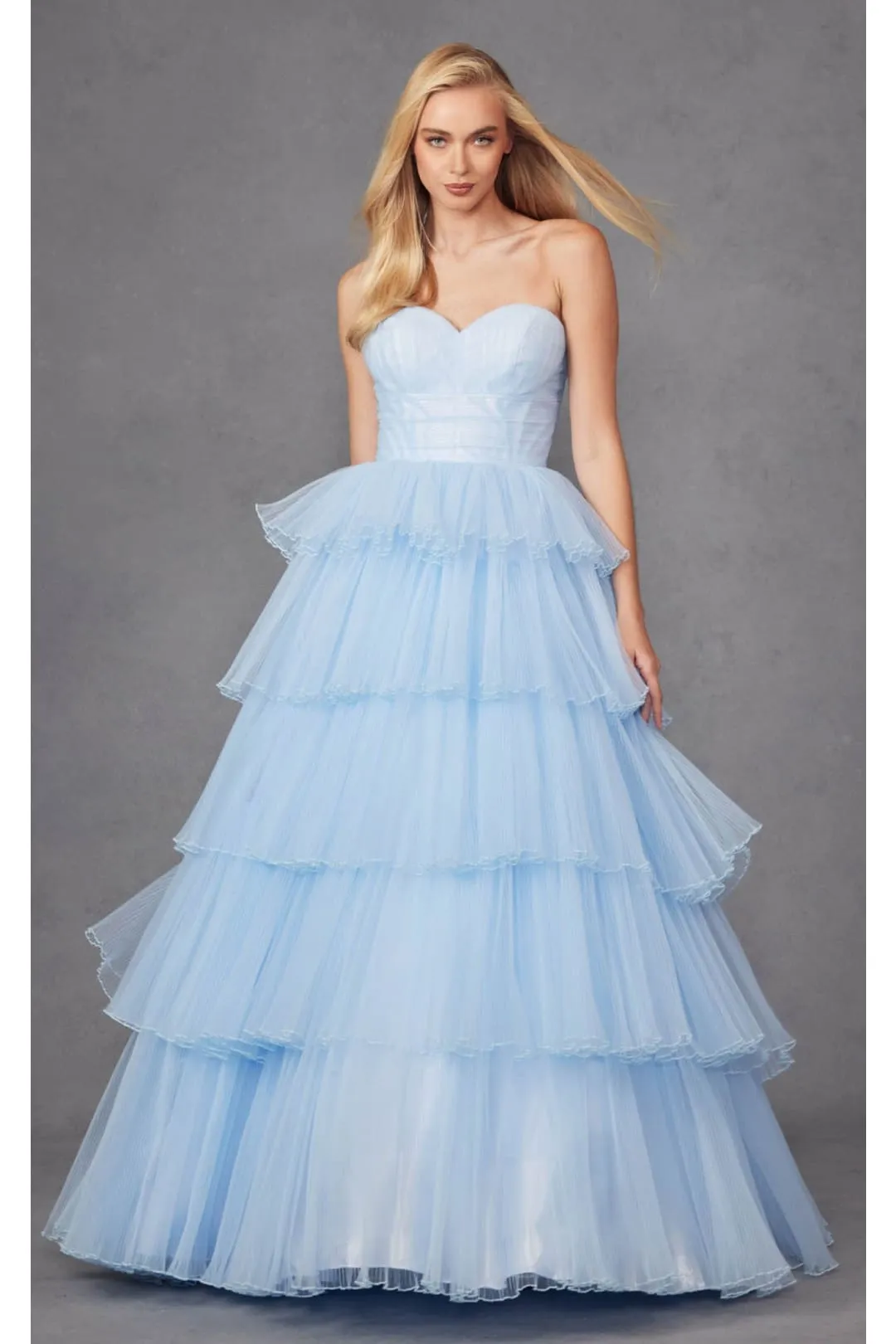 Strapless Tiered Ruffled A-Line Gown by Juliet JT2452K sold by Alberto Nardoni