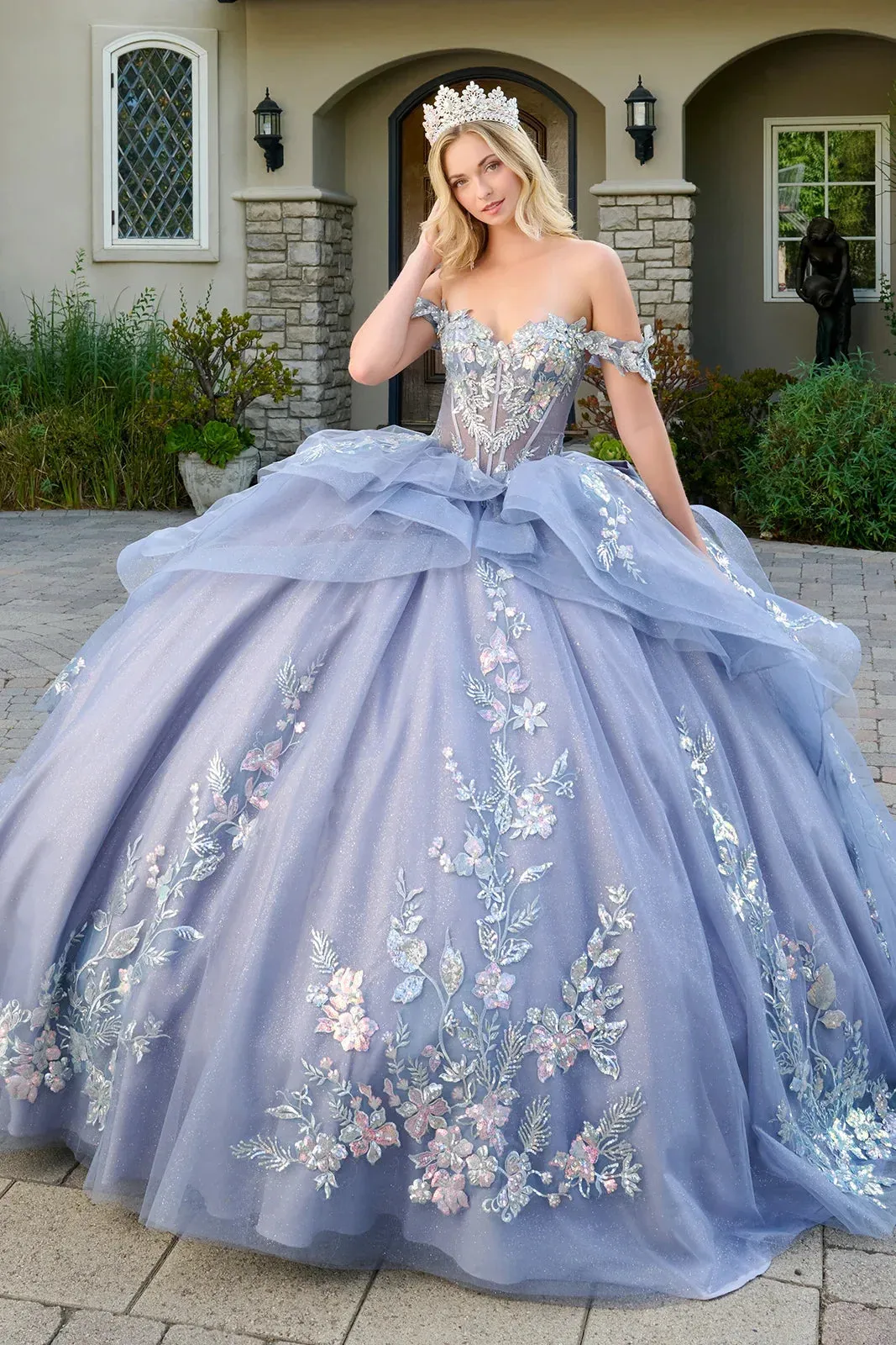 Off Shoulder 3D Butterfly Appliqué Corset Ball Gown by Elizabeth K GL3802 sold by Alberto Nardoni