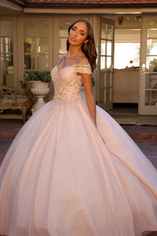 Juliet 1430 Cold Shoulder Embroidered Tulle Quinceanera Dress with Corset Back made by Alberto Nardoni