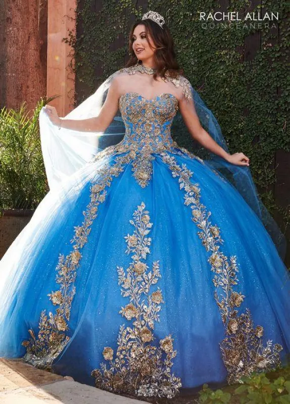 Strapless Sweetheart 3D Floral Lace Appliqué Glitter Tulle Ball Gown by Rachel Allan RQ1111 made by Rachel Allan