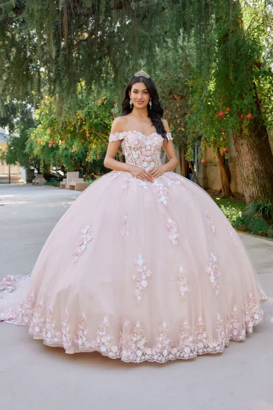 Juliet 1460J 3D Floral Appliqué Off-Shoulder Glitter Tulle Corset Quinceanera Dress made by Alberto Nardoni