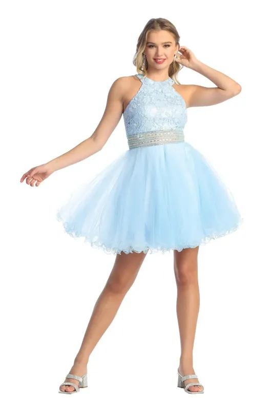 Cindy Collection 1447 Short Halter Lace Bodice Tulle Dress with Stone Belt made by Alberto Nardoni