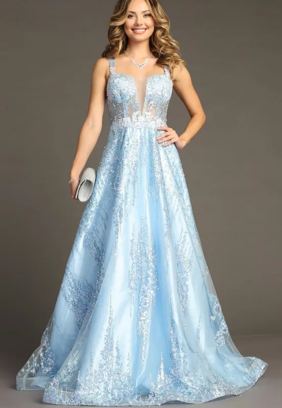 Chicas C821 Modern Printed Prom Blue A-Line Illusion Lace Dress made by Alberto Nardoni