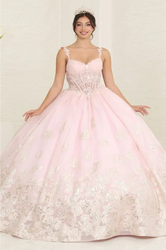 LK256 Sheer Bodice Floral Sleeveless Blush Quinceanera Gown made by Alberto Nardoni